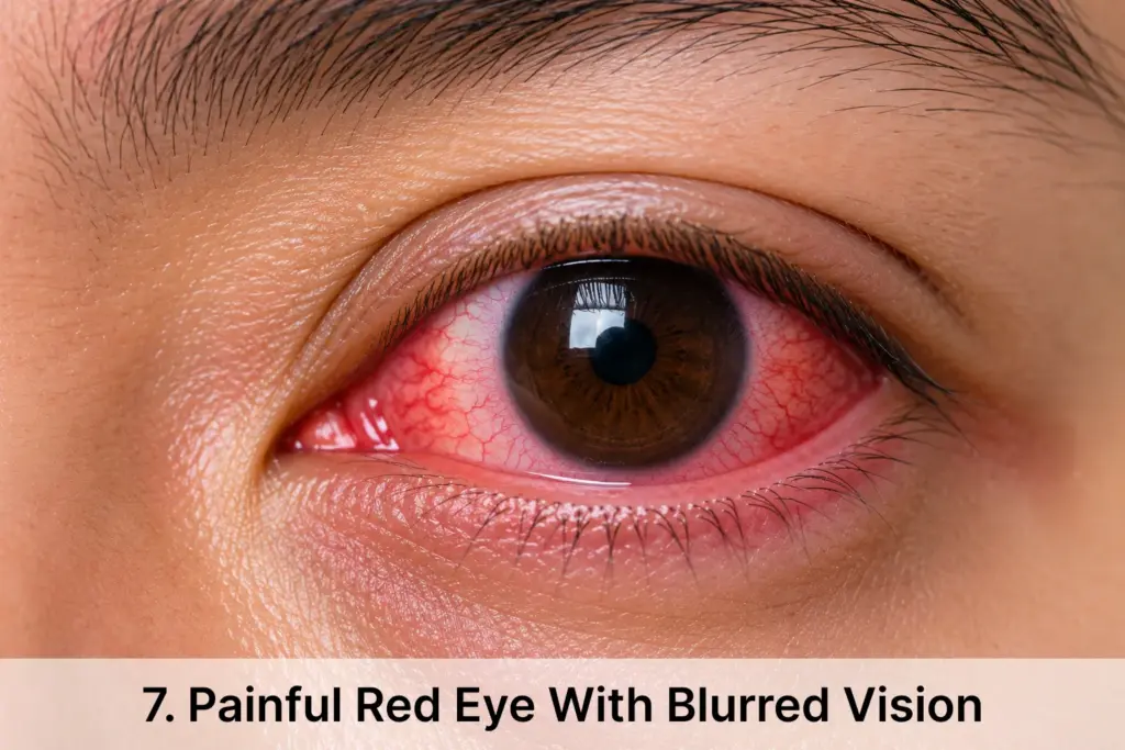 high-resolution macro photograph of a painful red eye with prominent conjunctival redness and subtle irritation