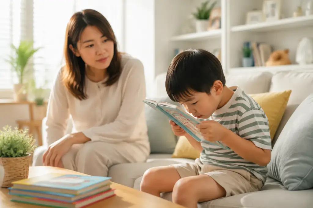 A concerned Asian mother notices her young child holding a picture book unusually close to their face while reading on a bright living room sofa.