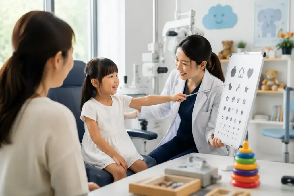 A smiling five-year-old Asian child enthusiastically completing a children's vision chart during a comprehensive eye examination while a friendly ophthalmologist encourages them.