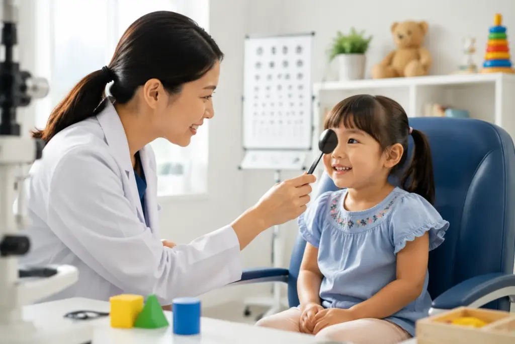 A caring female paediatric ophthalmologist smiling while performing a routine eye examination on a happy four-year-old Asian child using age-appropriate vision testing tools.