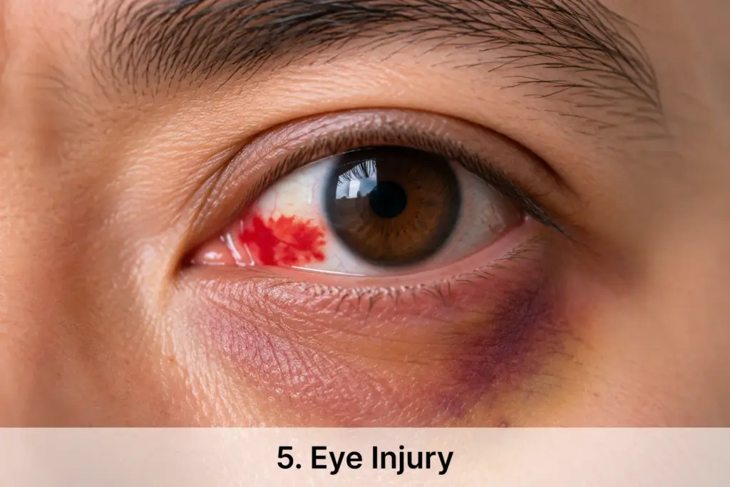 a detailed macro close-up of an injured eye, showing a subconjunctival haemorrhage and mild bruising in a clean, clinical style suitable for patient education.