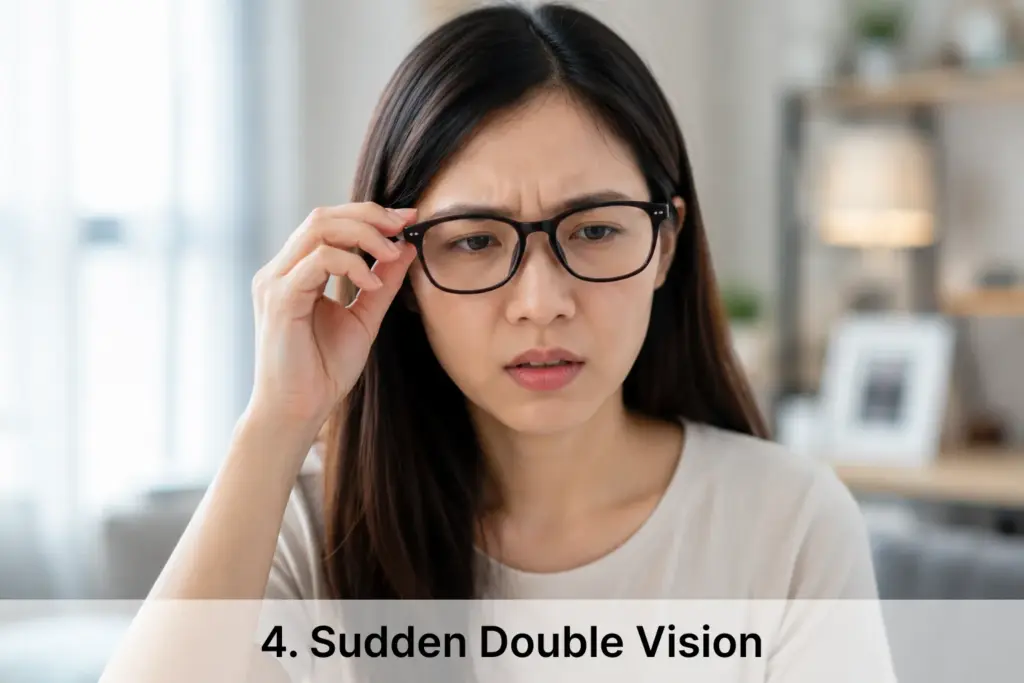 a young woman adjusting her glasses with a concerned expression, suggesting sudden changes in vision in a bright, modern home environment.