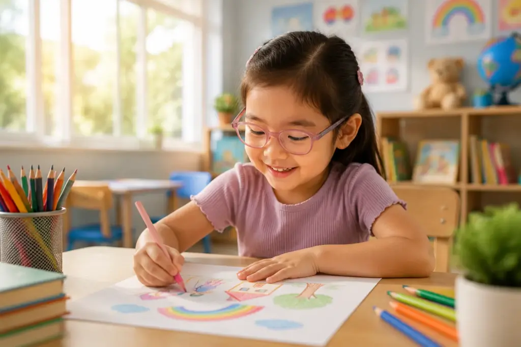 A happy Asian preschool child drawing colourful pictures while wearing spectacles at a bright classroom table.