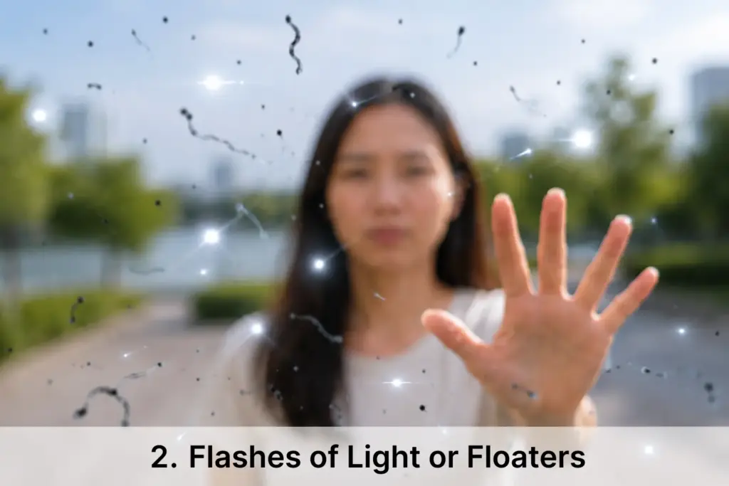 a realistic first-person simulation of flashes of light and vitreous floaters, with an out-of-focus woman in the background reaching toward the viewer.