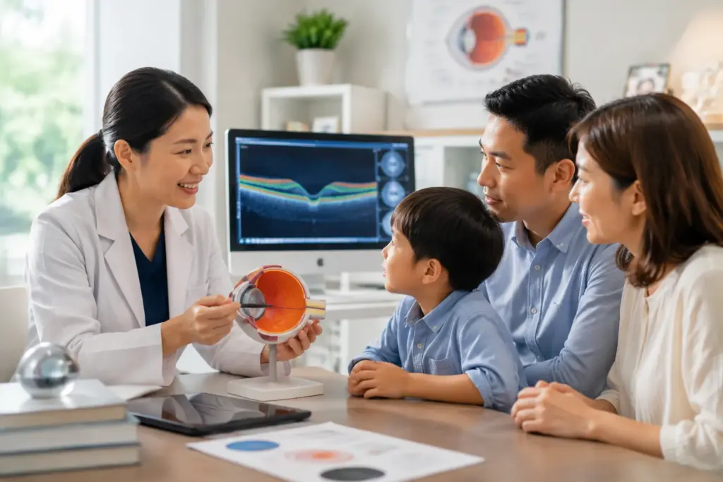 A friendly paediatric ophthalmologist explains a colourful anatomical eye model to an attentive Asian family during a consultation inside a premium private eye clinic.