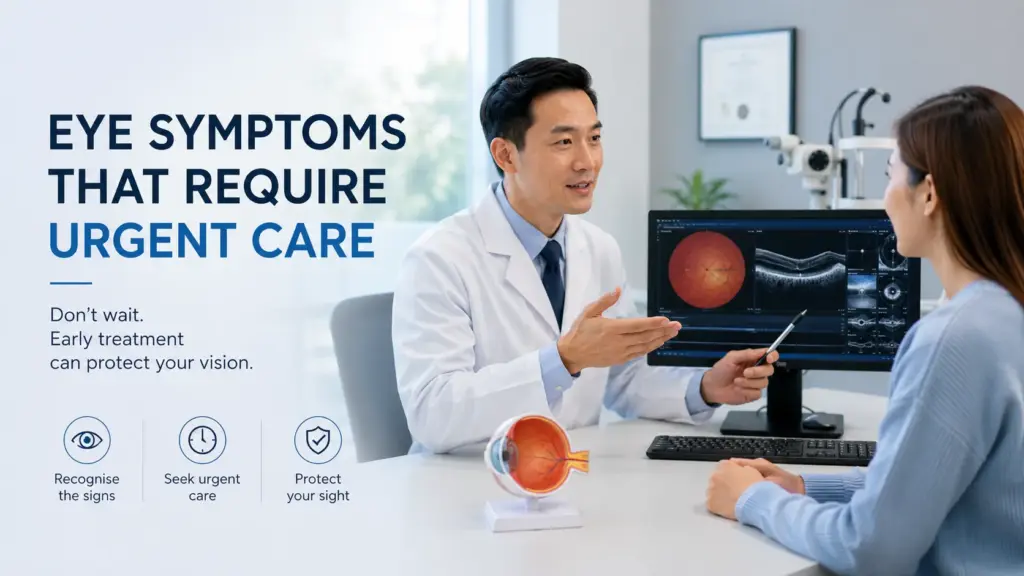hero banner with a premium ophthalmology clinic setting, a doctor consulting a patient