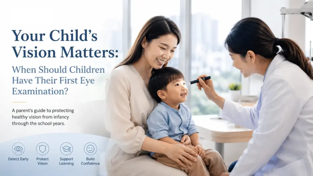 lifestyle photograph of a young Asian mother and her cheerful toddler at a modern paediatric eye clinic
