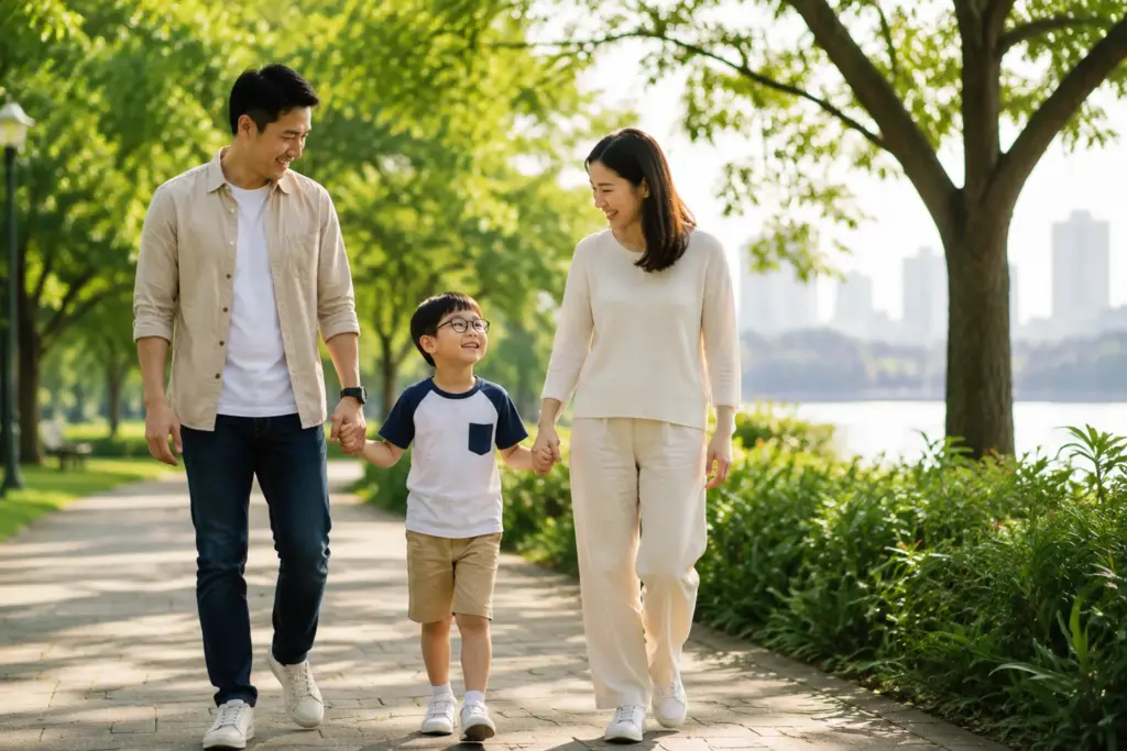A joyful Asian family walking hand in hand through a lush green park on a sunny morning.