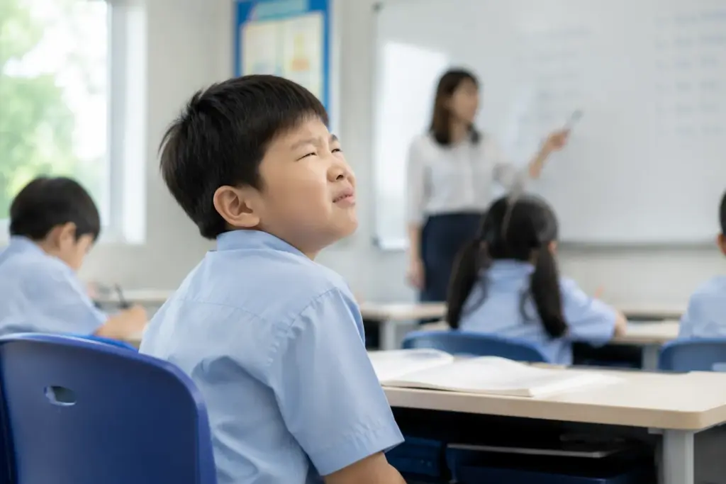 lifestyle photograph of a young Asian primary school child squinting towards a classroom whiteboard from the back of the classroom.