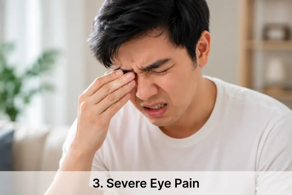 a young man experiencing severe eye pain in a bright home environment, with a natural expression of discomfort and a clean clinical aesthetic.