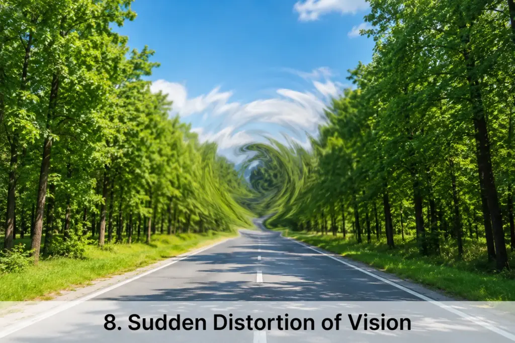 a realistic first-person view of a tree-lined road with a localized swirling distortion in the center, illustrating sudden visual distortion (metamorphopsia) while the surrounding scene remains sharp and clear.