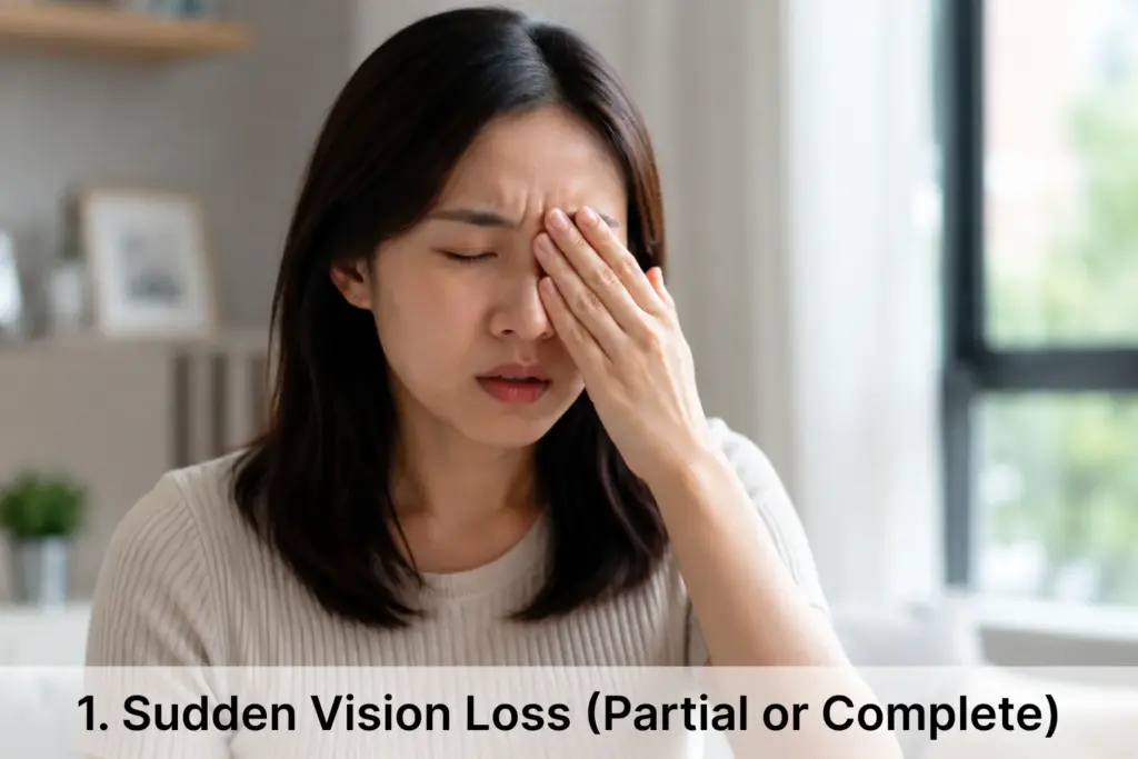 scene of a woman experiencing sudden vision loss in a bright, modern home with soft natural lighting