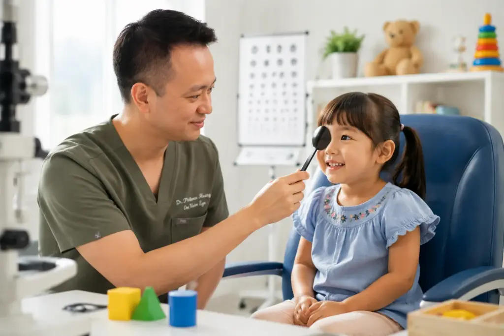 A male eye doctor holding a black eye occluder over a young girl’s left eye during a vision exam in a child-friendly clinic room.