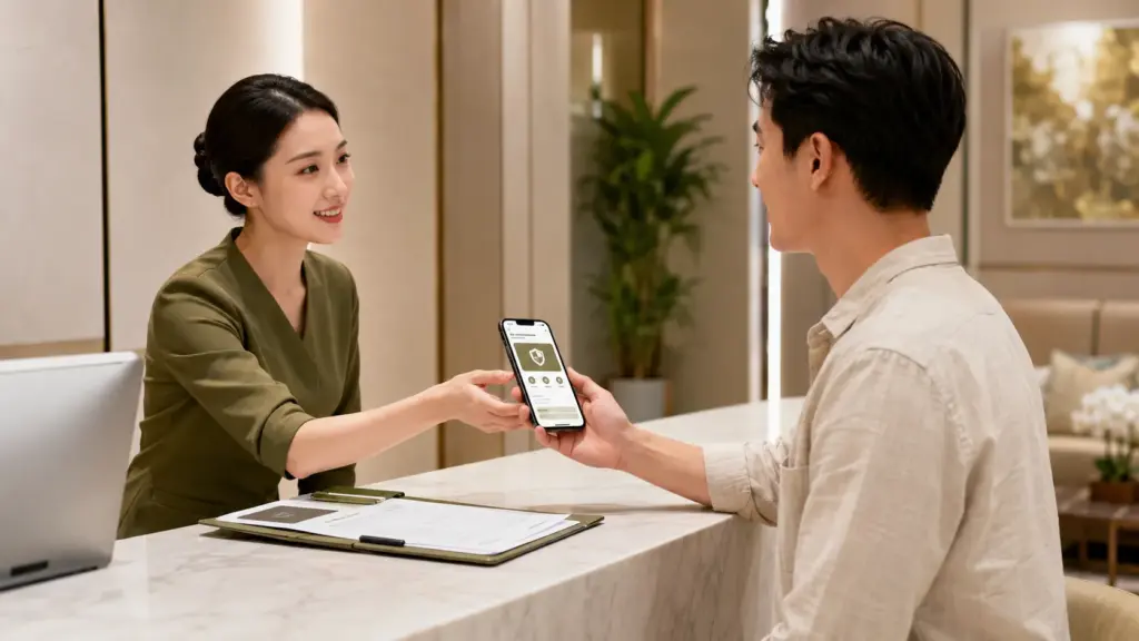 An Asian patient stands at a clean contemporary reception counter showing a digital health-insurance membership card on their smartphone to a friendly clinic staff member.