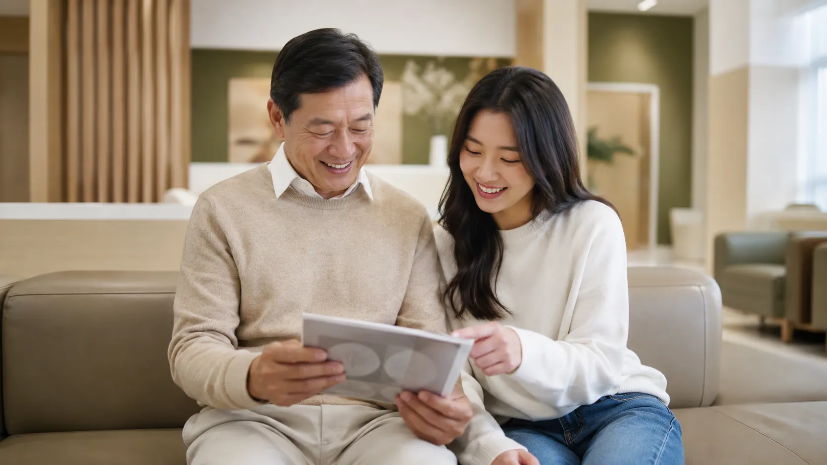 Adult daughter and father reviewing a glaucoma risk diagram with their doctor at an eye clinic