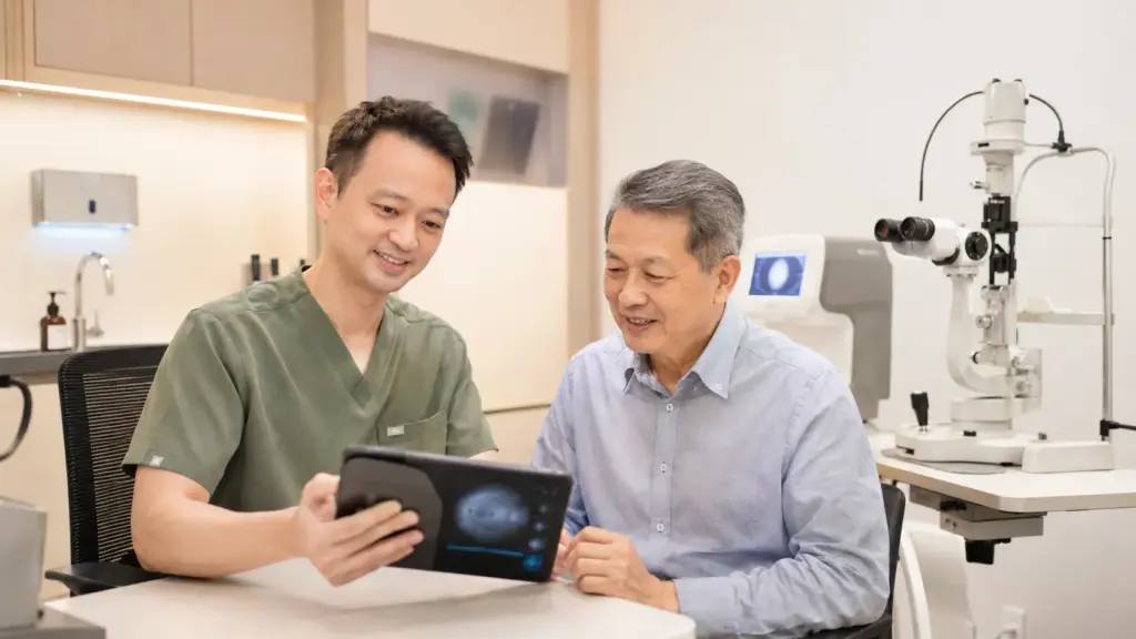private-eye-clinic consultation featuring an older Asian man approximately 60–70 years old speaking with an Asian ophthalmologist in olive-green medical scrubs.