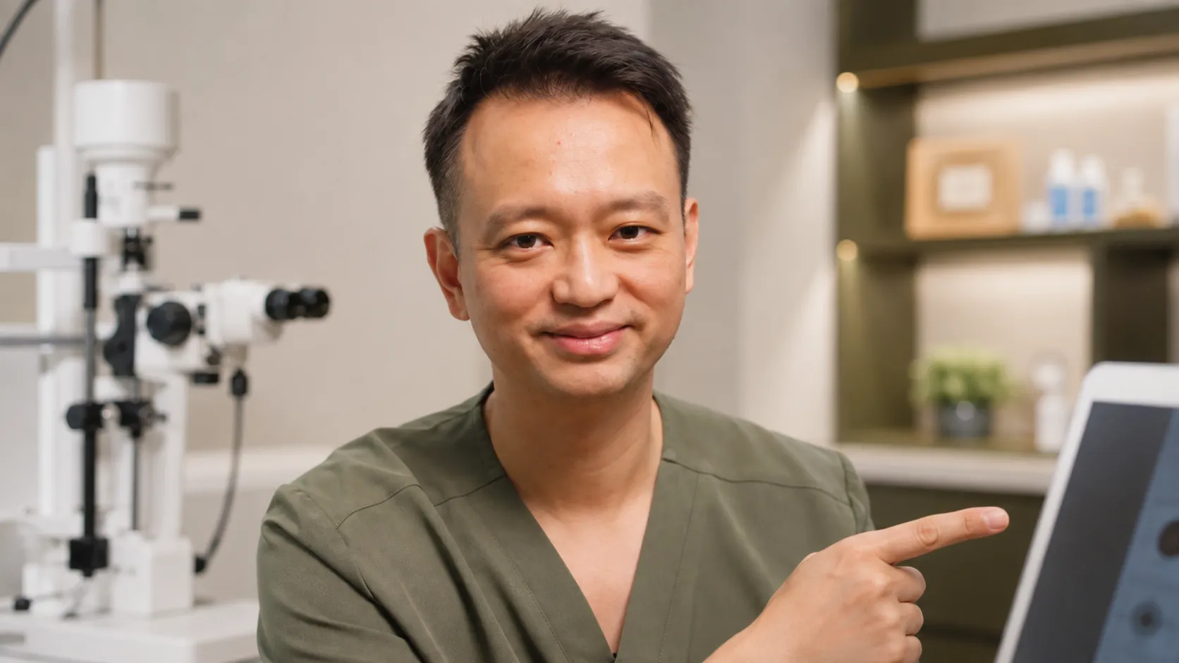 Ophthalmologist smiling warmly while explaining an eye chart to a patient