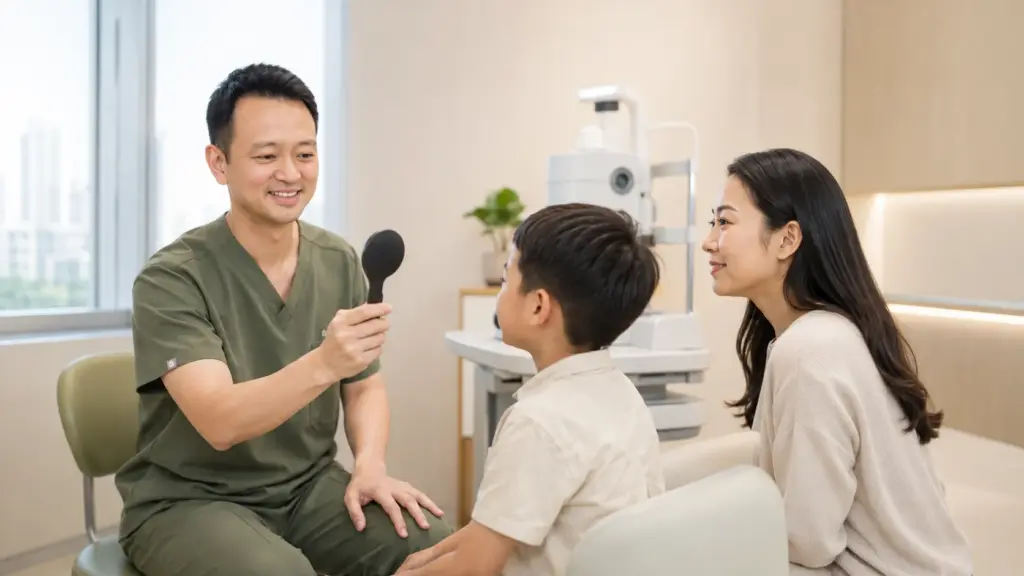 An Asian child approximately 7–10 years old sits comfortably beside one parent while an Asian ophthalmologist carries out a friendly eye examination.