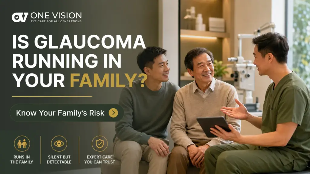 East Asian father and adult son smiling with an ophthalmologist during a consultation about glaucoma family risk