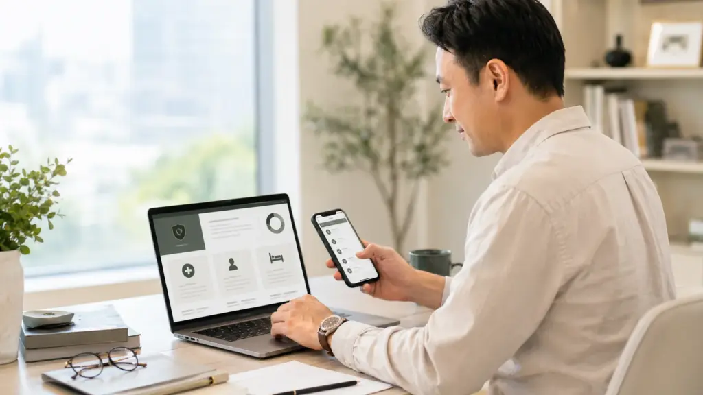 an Asian professional in their 30s or 40s sitting at a clean home or office desk in Singapore