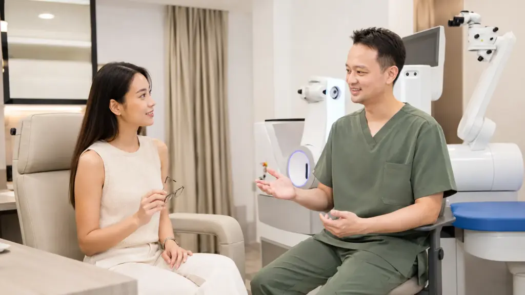 a young Asian adult approximately 25–35 years old during a laser vision correction consultation at a modern Singapore One Vision eye clinic.