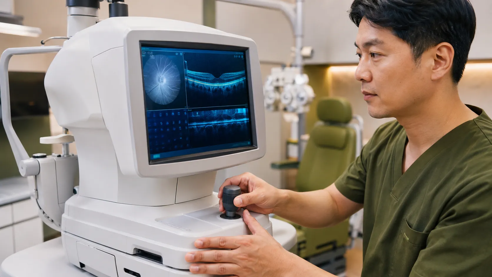 Ophthalmologist adjusting an OCT machine displaying an eye scan during a glaucoma diagnostic test