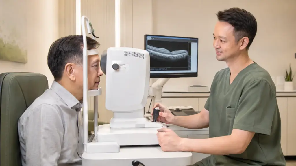 An Asian patient aged around 50–65 is undergoing a non-invasive eye examination using professional ophthalmic diagnostic equipment.