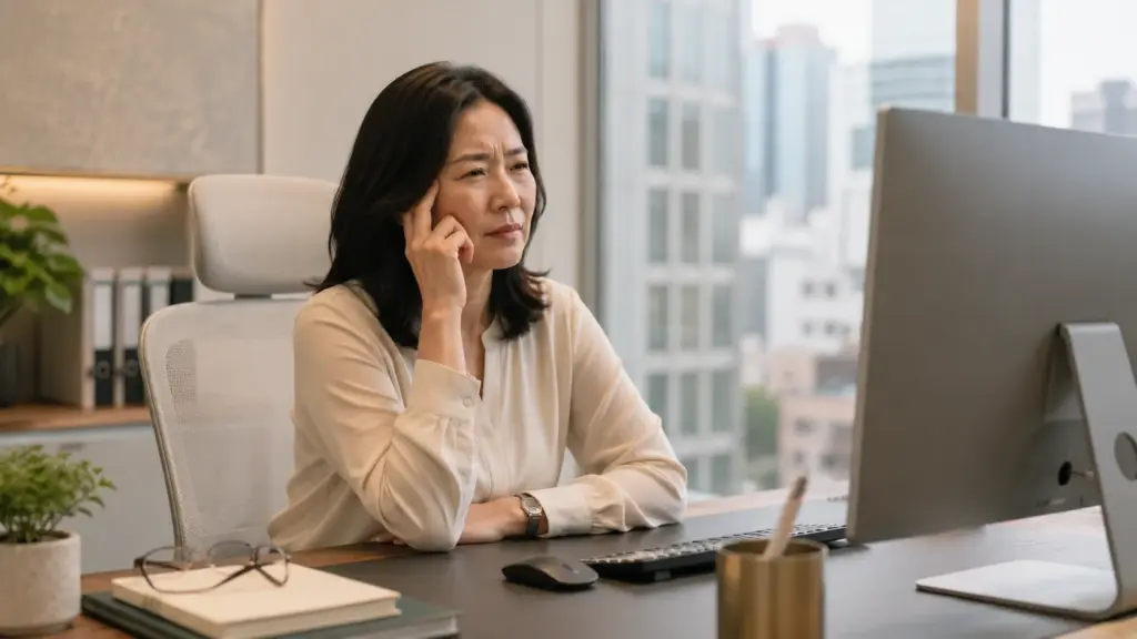an Asian woman in her late 30s to early 50s sitting in a modern Singapore office environment