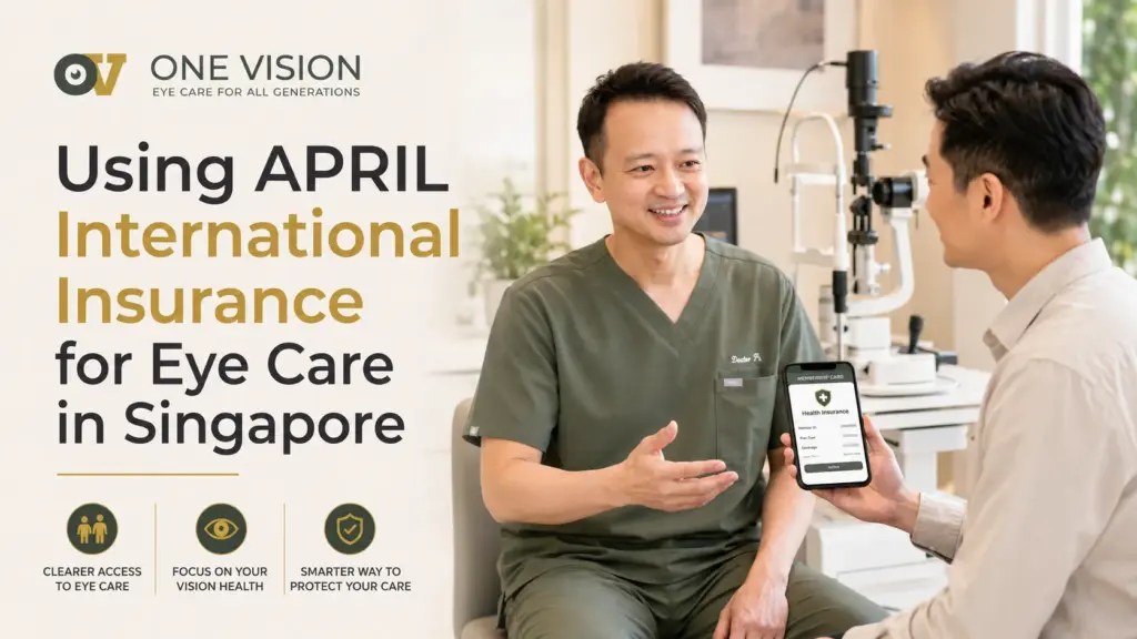 an Asian adult patient in smart-casual business attire having a relaxed discussion with an Asian ophthalmologist wearing dark olive-green medical scrubs inside a modern private eye clinic.