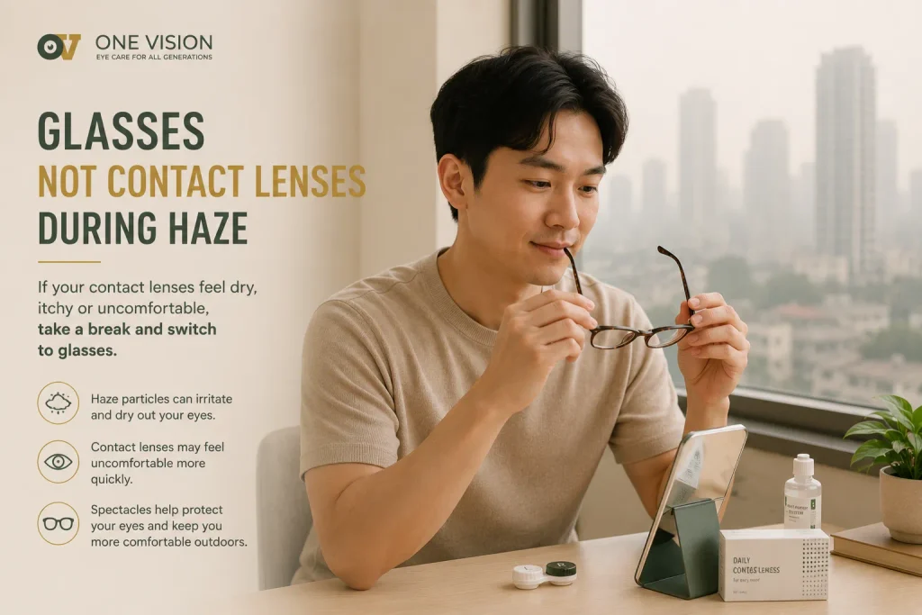 Man switching from contact lenses to glasses for greater eye comfort during haze in Singapore.