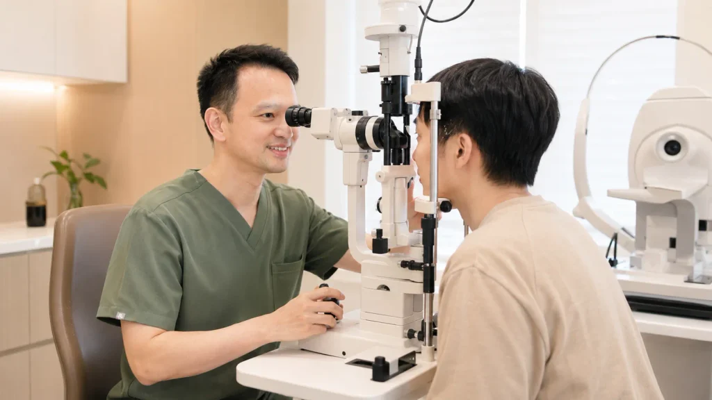 Dr Philemon Huang examining a patient’s eyes with a slit lamp at OneVision Eye Specialist in Singapore.