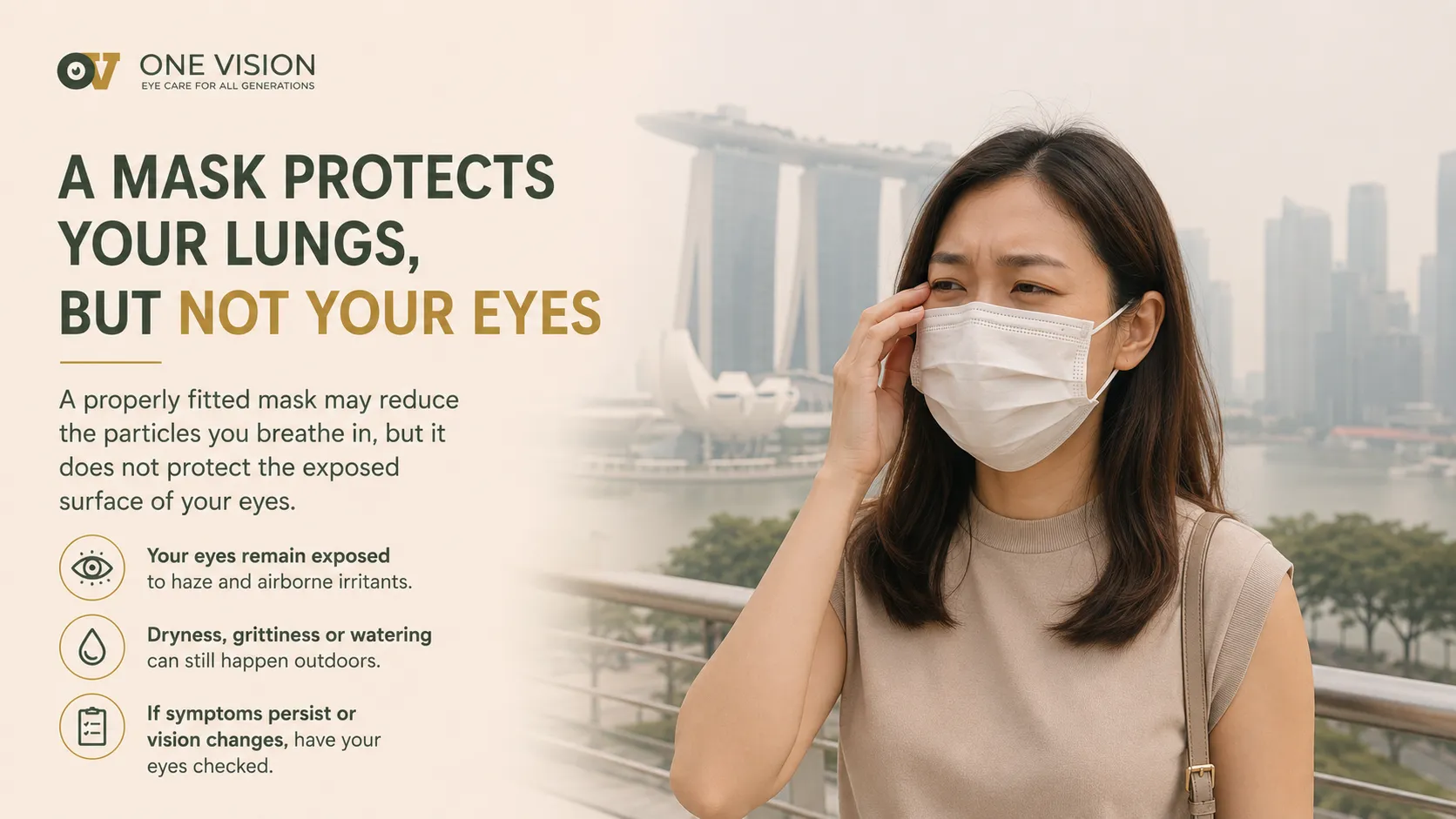 Woman wearing a face mask outdoors while her eyes remain exposed to haze and airborne irritants.