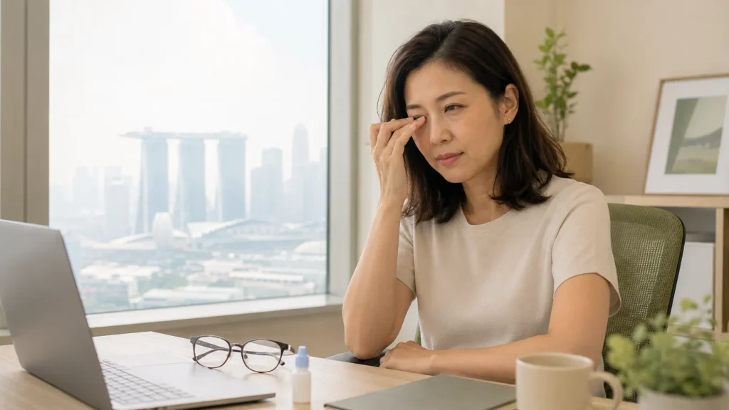 Woman experiencing dry, irritated eyes indoors during hazy conditions in Singapore.