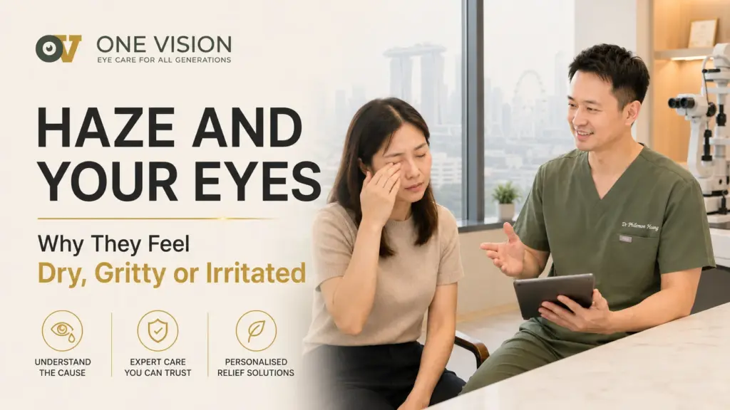 OneVision ophthalmologist Dr Philemon Huang discussing haze-related eye irritation with a patient in Singapore.