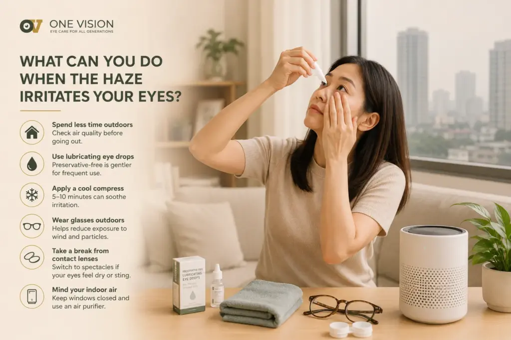 Woman using lubricating eye drops with glasses, cool compress and air purifier during hazy weather.